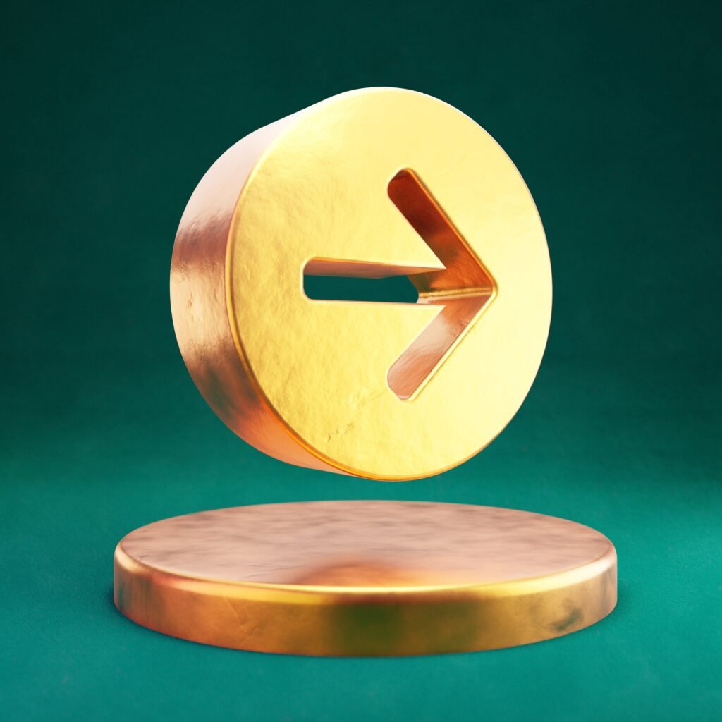 Arrow Circle Right icon. Fortuna Gold Arrow Circle Right symbol on golden podium.